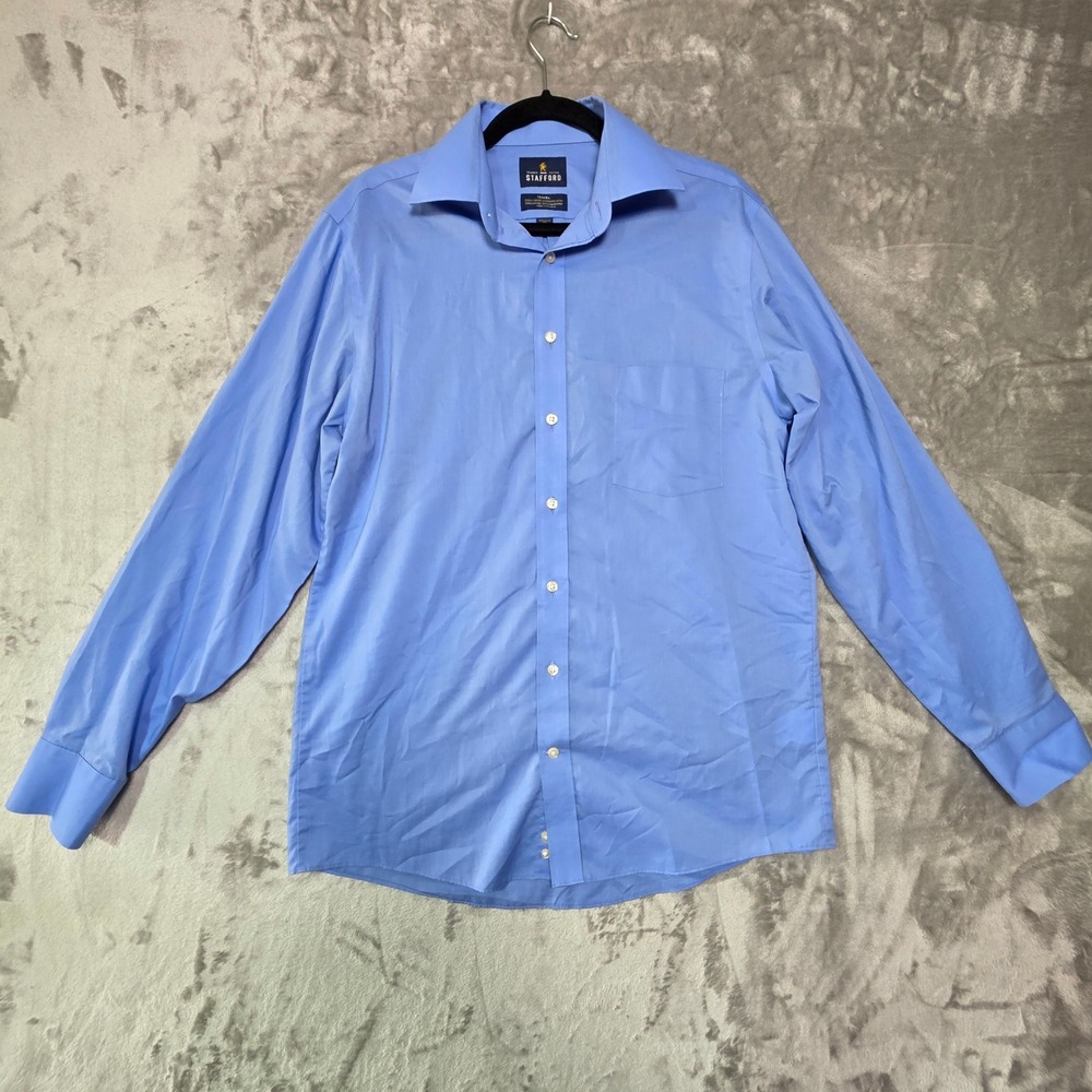 Stafford Travel Easy-Care Broadcloth Dress Shirt Blue Regular Fit 15.5 34-35